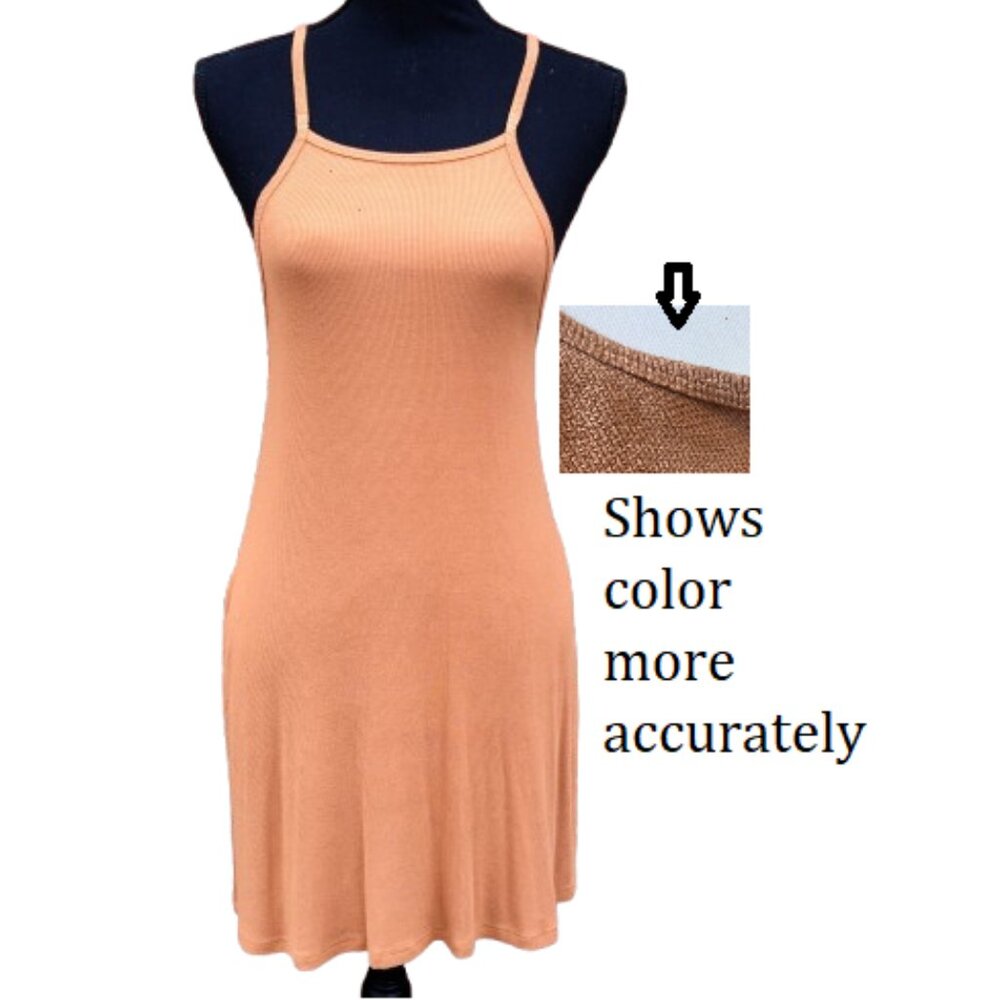 Luxe Mini Tank Dress Medium Brown Ribbed Pockets Adjustable Straps Sleeveless